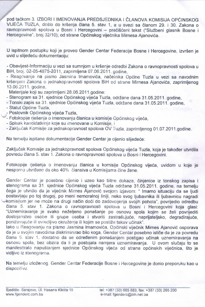 Preporuka Gender Centra Federacije Bosne i Hercegovine -Opcini Tuzla