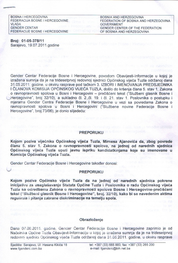 Preporuka Gender Centra Federacije Bosne i Hercegovine -Opcini Tuzla