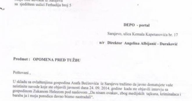 Tražimo da demantujete sve vaše navode koji se odnose na gospodina Asafa Bečirovića