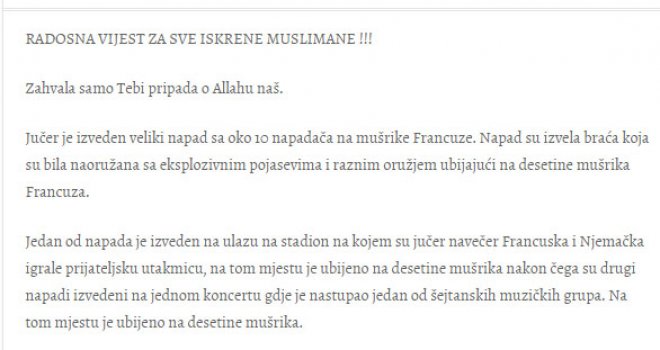 Jedan bh. portal slavi pokolj u Francuskoj: Pročitajte jezivi tekst sa 'Vijesti ummeta'
