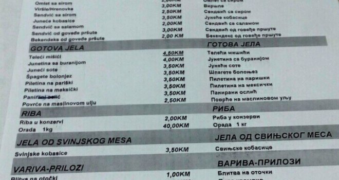 Pogledajte cijene iz jelovnika u Parlamentu BiH: Supa 1 KM, pire 1 KM, piletina i riba 3 KM...