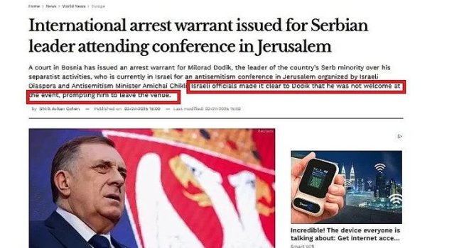 Medij iz Tel Aviva tvrdi: Izraelski zvaničnici zatražili da Dodik napusti konferenciju u Jerusalemu